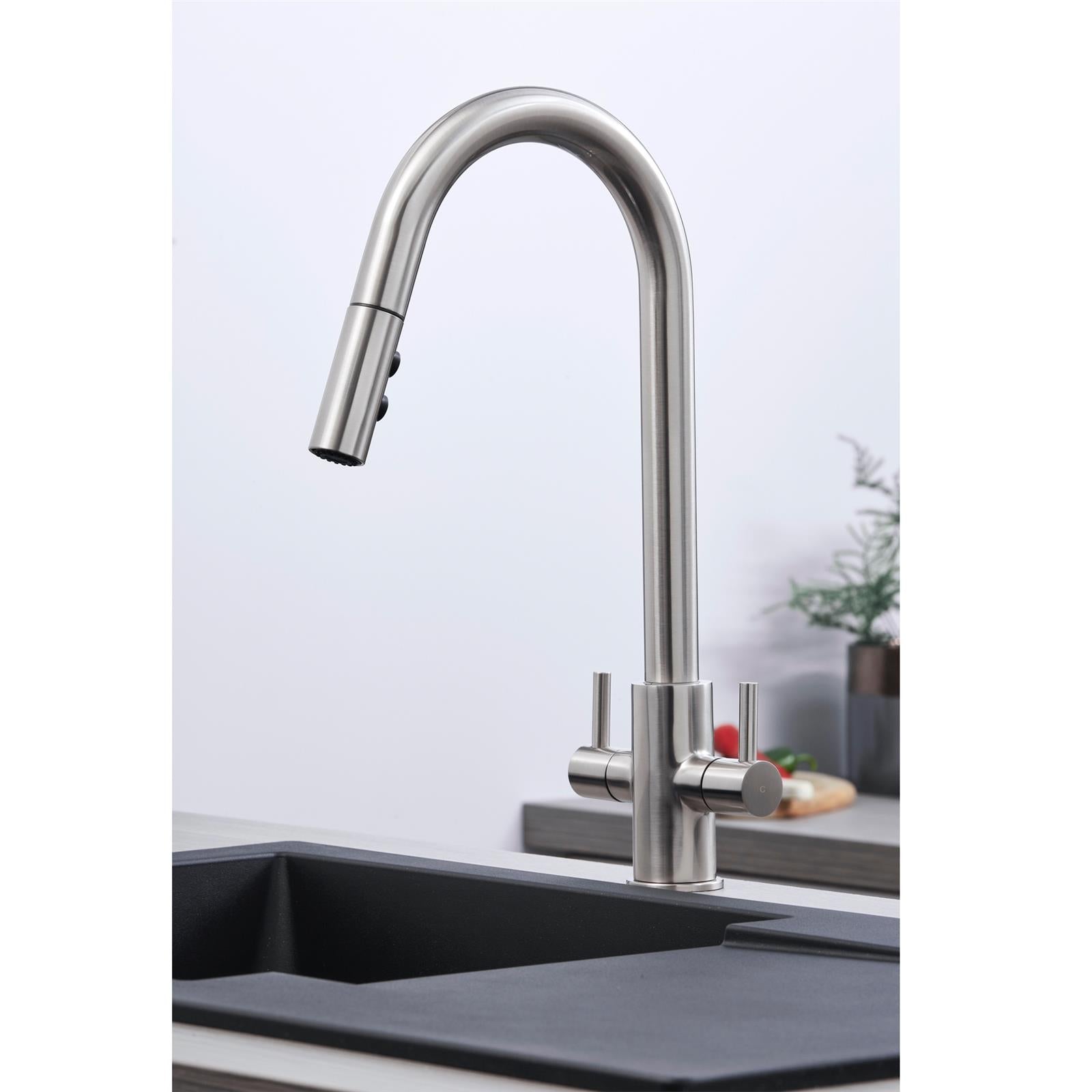 Liquida W04BN Twin Lever Brushed Nickel Kitchen Mixer Tap With Pull Out Spray